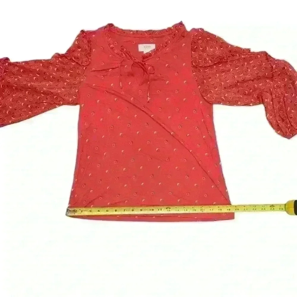 Maeve by Anthropologie Red Puffy Sleeve Tie Neck Top Size Small - Picture 5 of 15